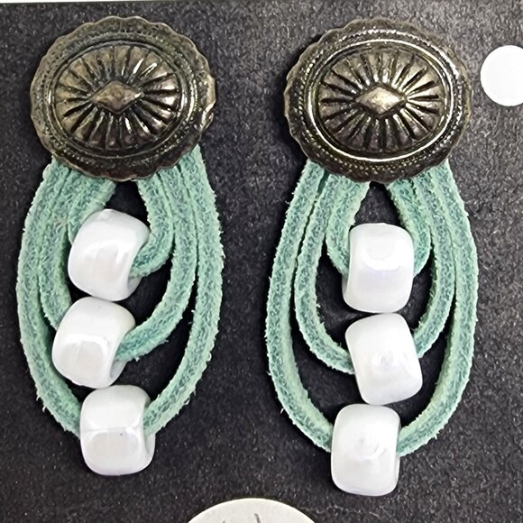 Concho Blue Suede Western Cowgirl Handmade Craft Drop Pierced Earrings - Picture 4 of 7